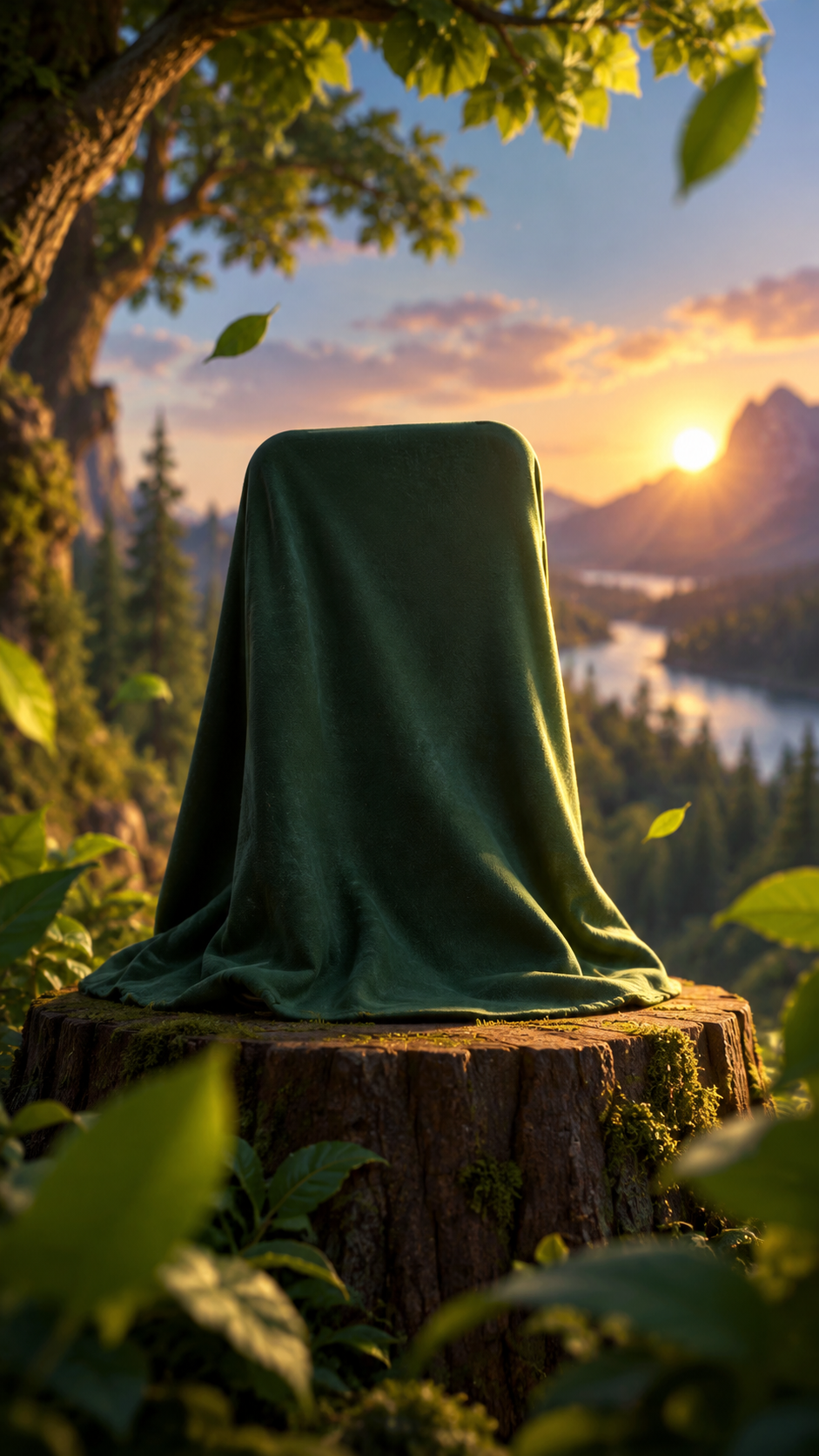 Teaser de Tree Factory : un objet sous un tissu vert, sur une souche en forêt au coucher du soleil.